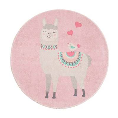 runder Lama Kinderteppich in rosa